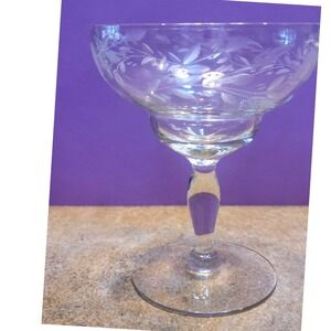Vintage Etched Floral Wheat Glass Champagne Coupe Sherbet Glass 4.5 Inch Clear